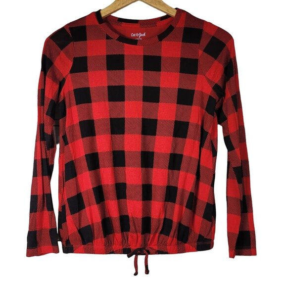 Cat & Jack Buffalo Plaid Top Red Black Size 10 Large Long Sleeve Drawstring - Picture 1 of 7